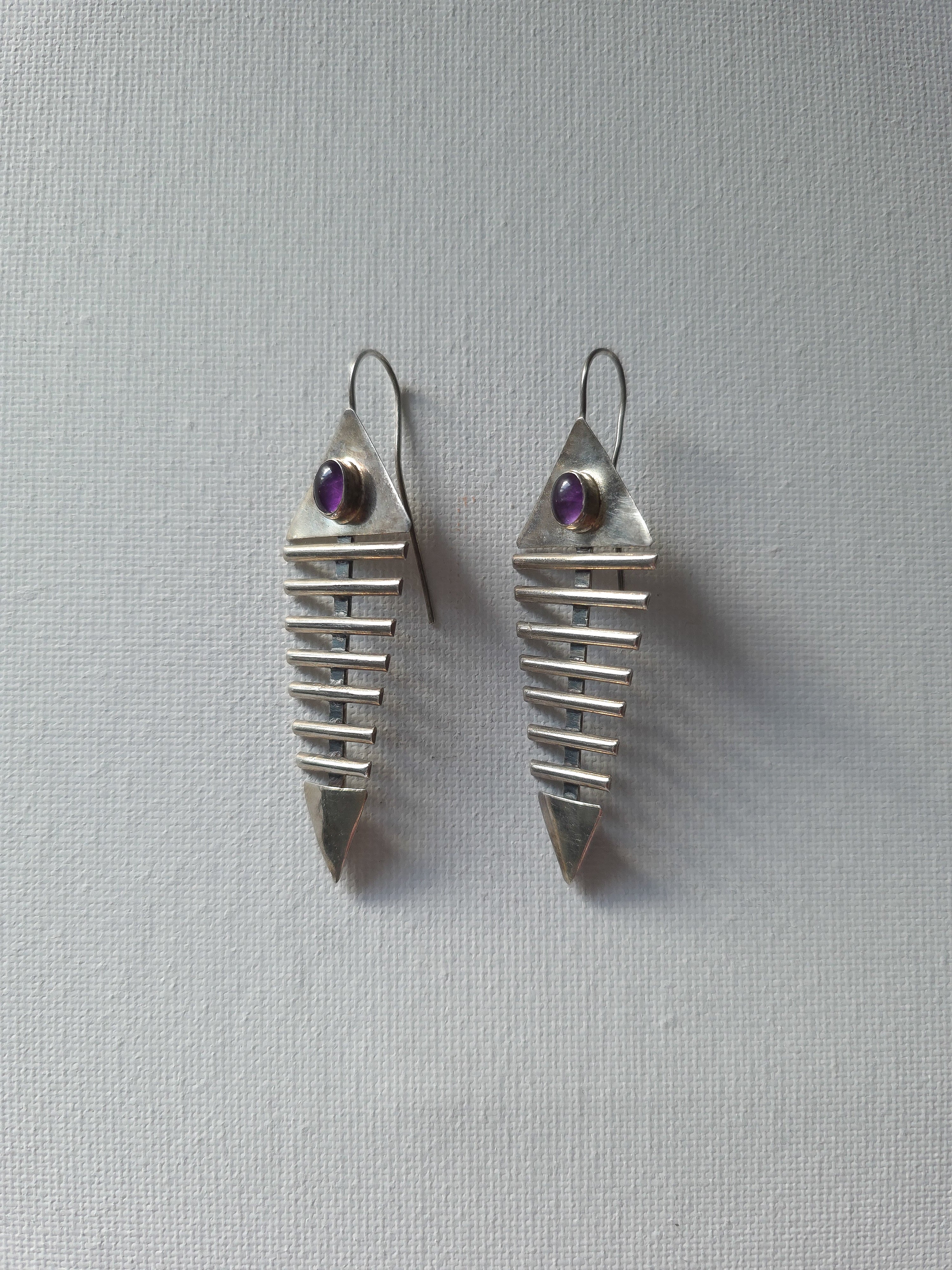 Handmade Sterling Silver & Amethyst Fish Bone Earrings