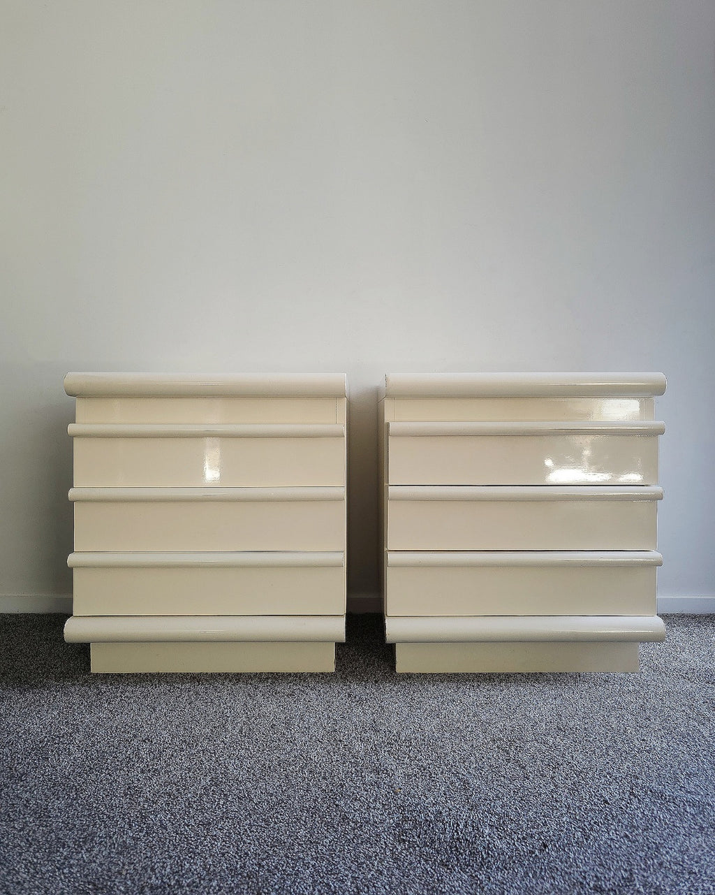 1980s post modern cream lacquer bedsides