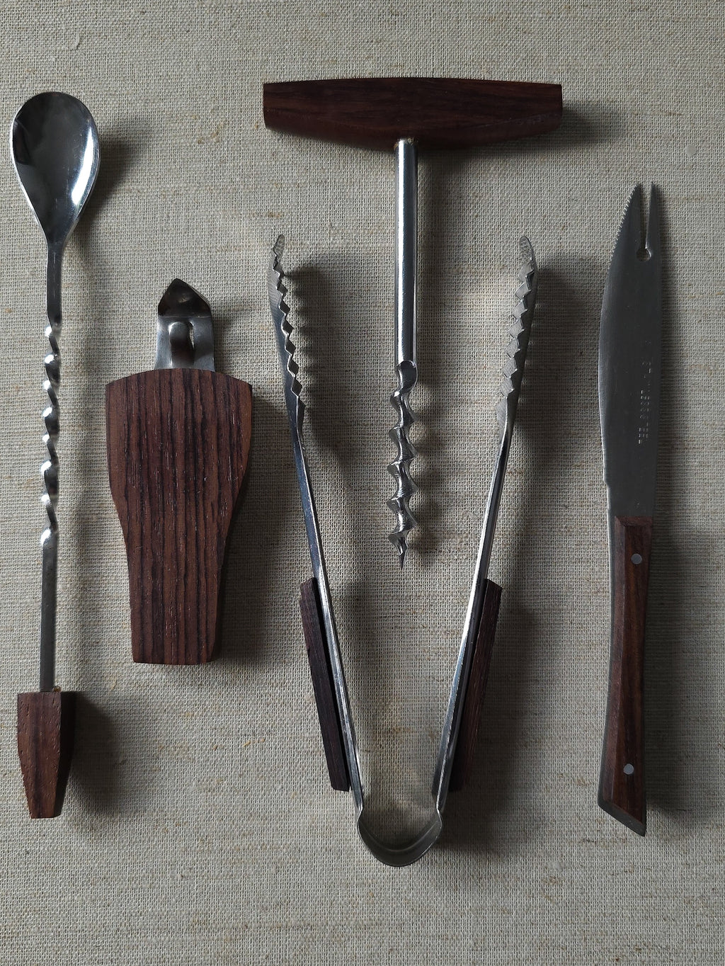 Mid Century Rosewood and Stainless Steel bar set