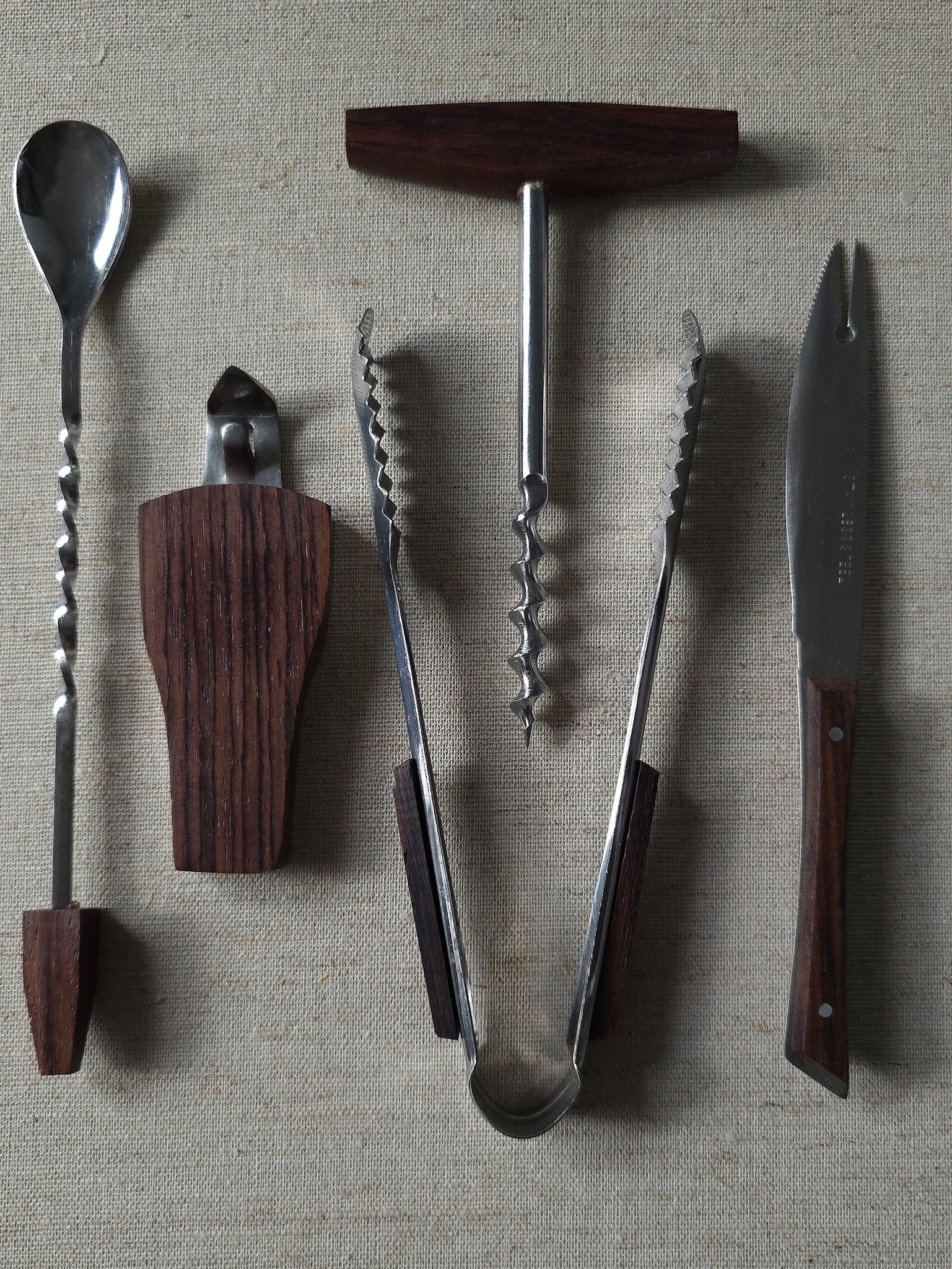 Mid Century Rosewood and Stainless Steel bar set