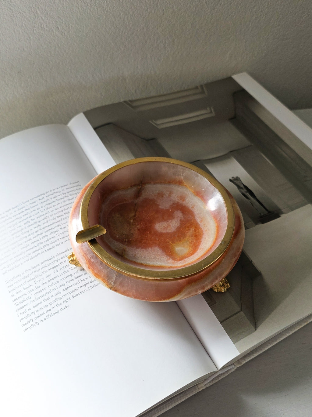 Vintage peach marble and brass ashtray