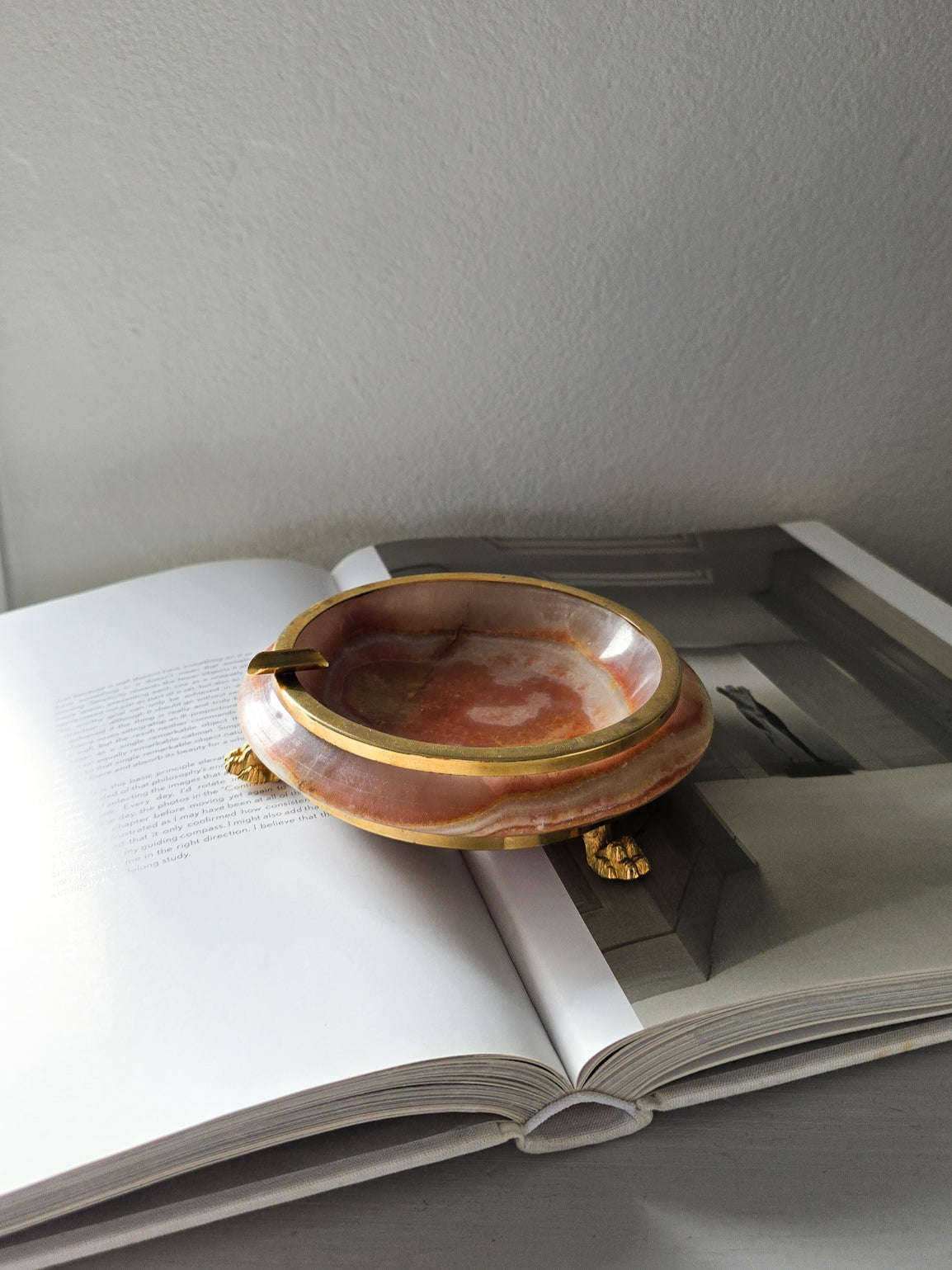 Vintage peach marble and brass ashtray