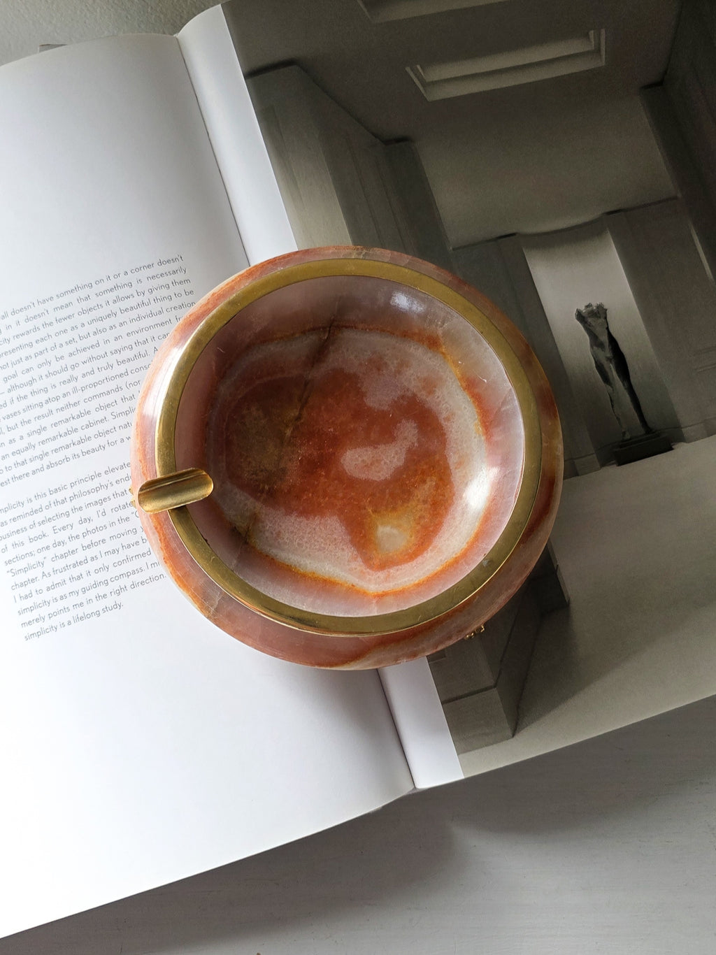 Vintage peach marble and brass ashtray