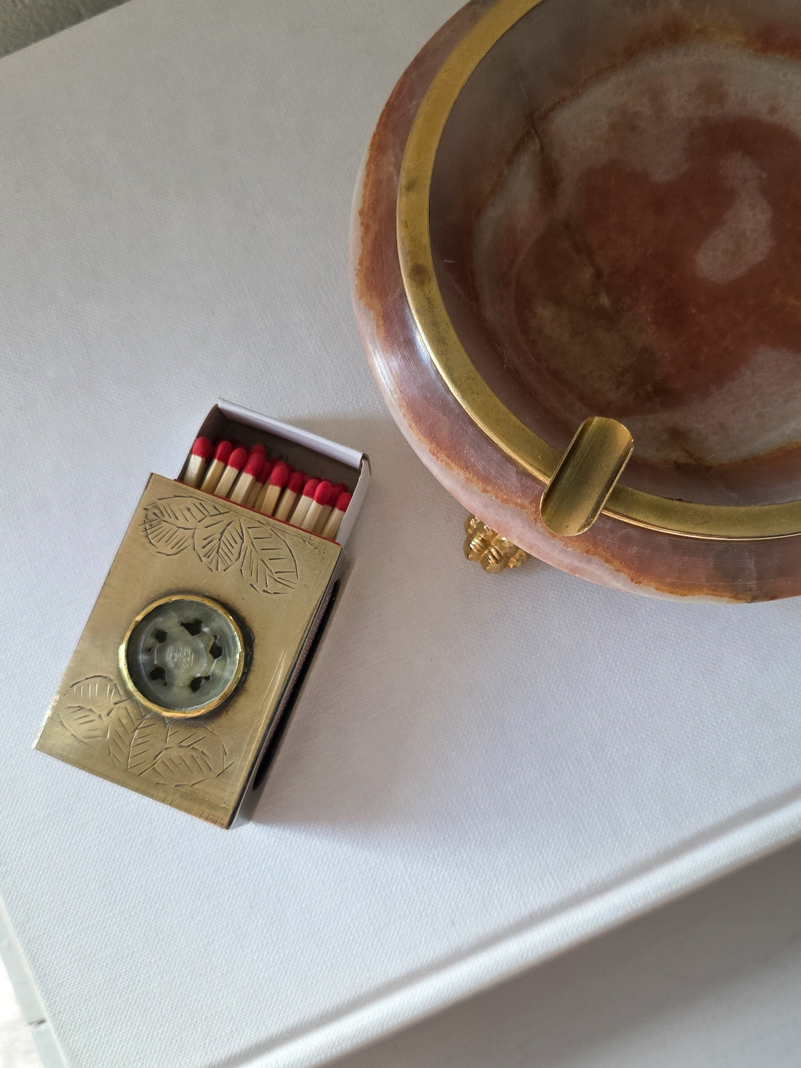 Antique Brass & Jade Matchbox Holder