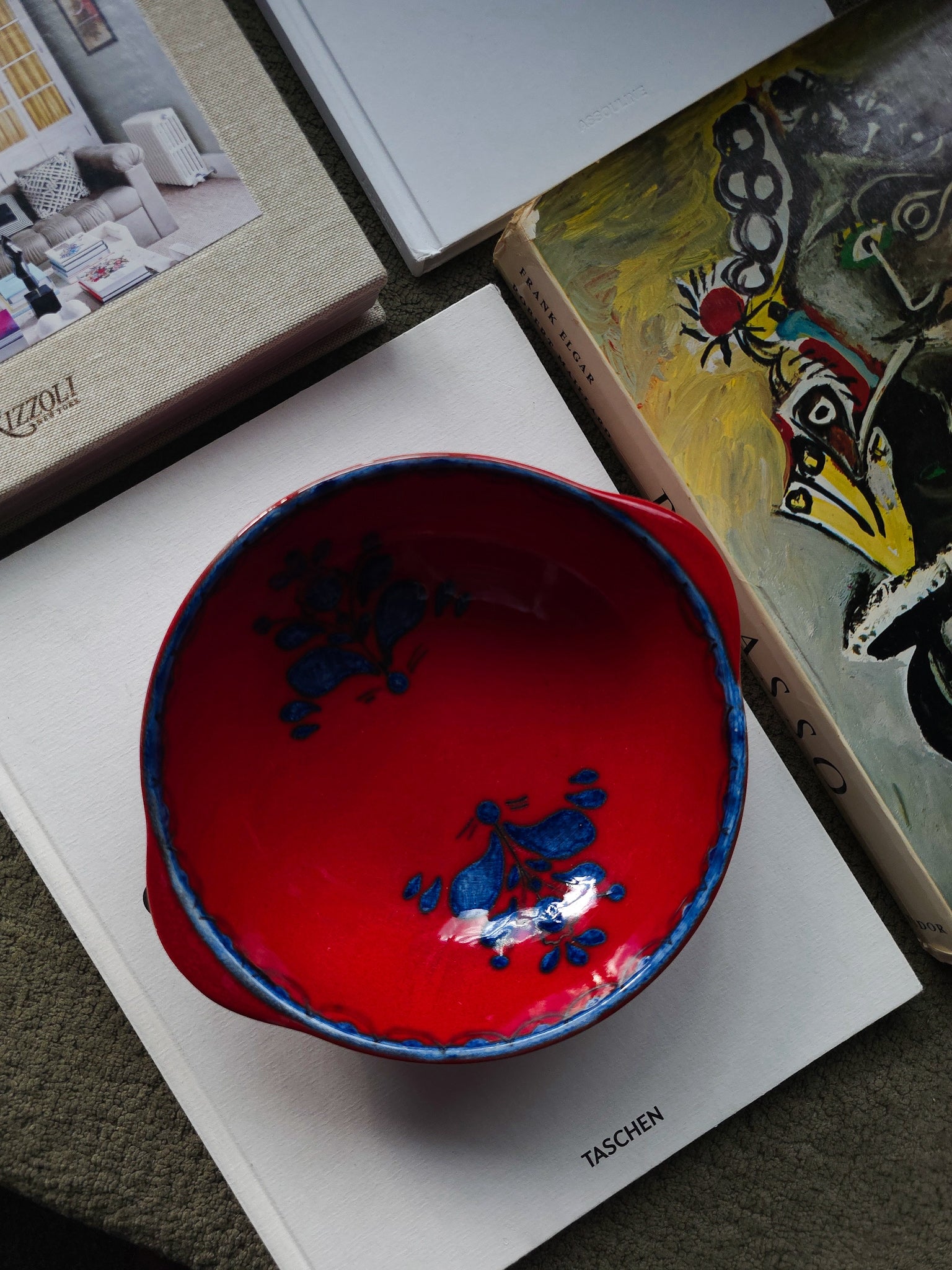Vintage red and blue Schramberg ceramic dish