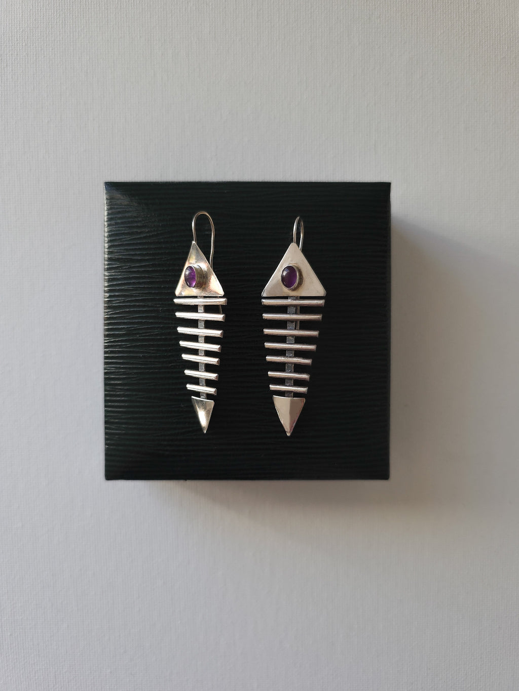 Handmade Sterling Silver & Amethyst Fish Bone Earrings