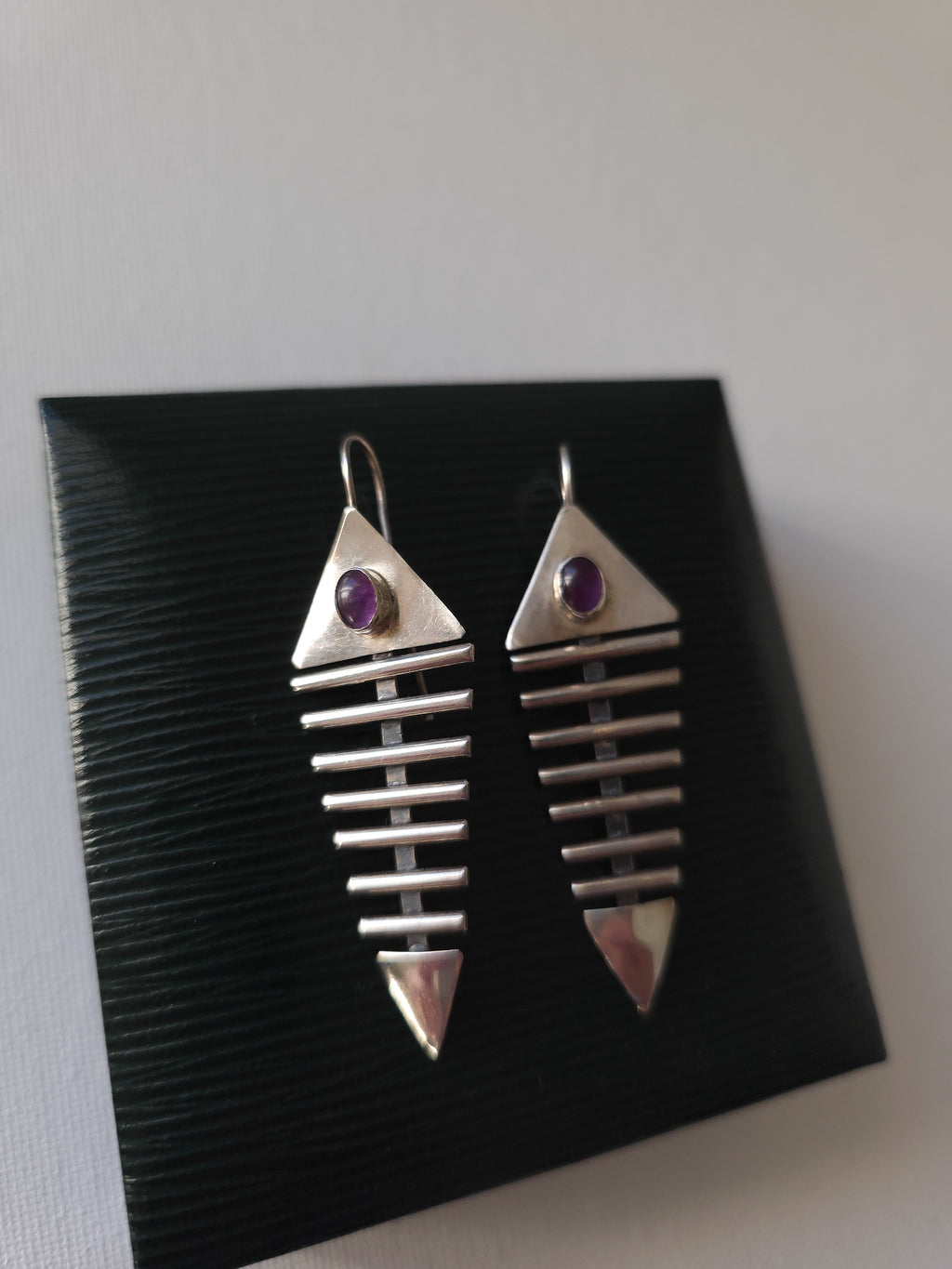 Handmade Sterling Silver & Amethyst Fish Bone Earrings
