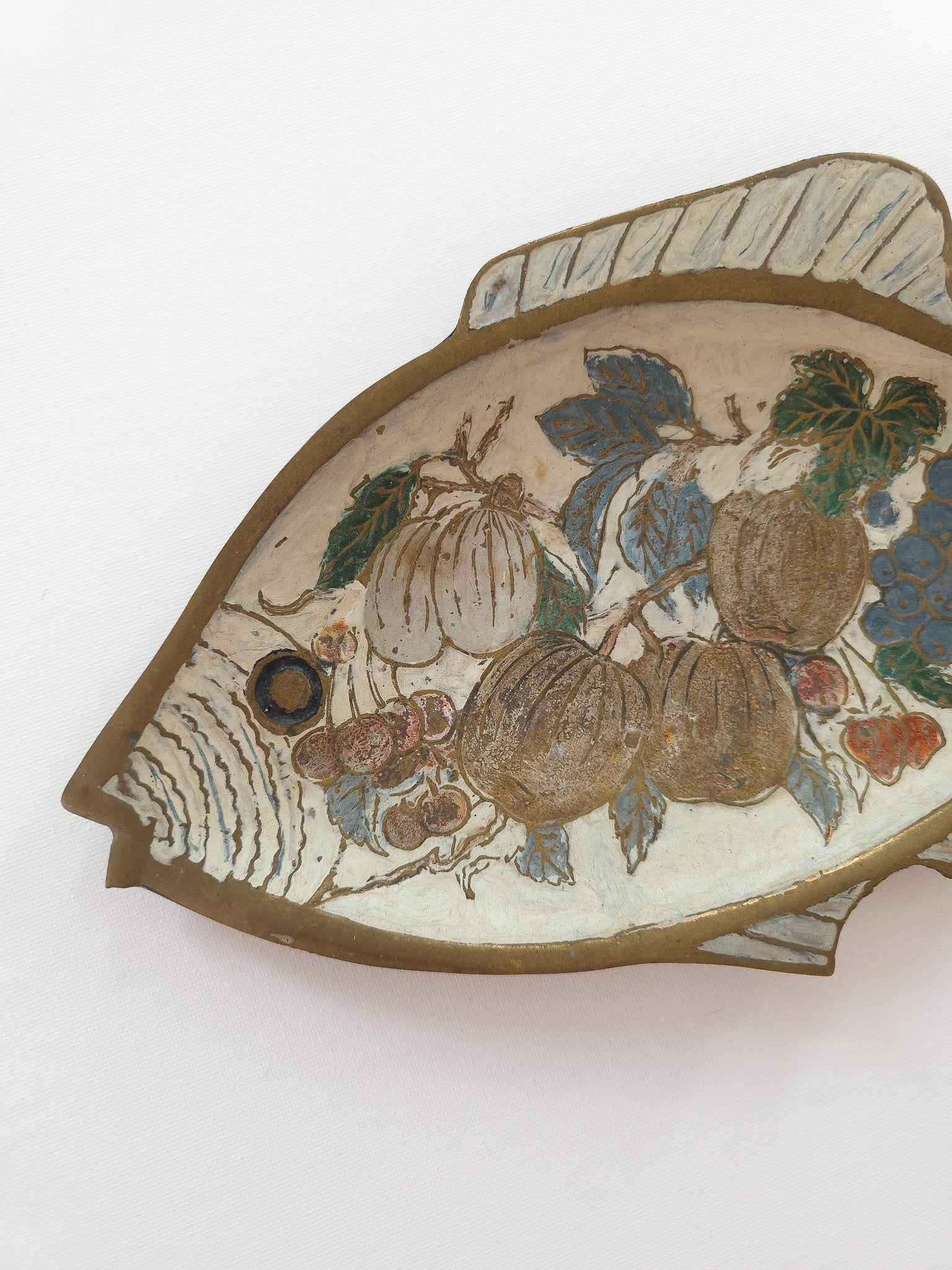 Vintage brass and enamel fish catchall