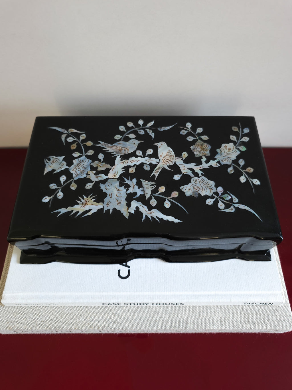 Vintage Black Lacquer Jewellery Box with Mother of Pearl Inlay