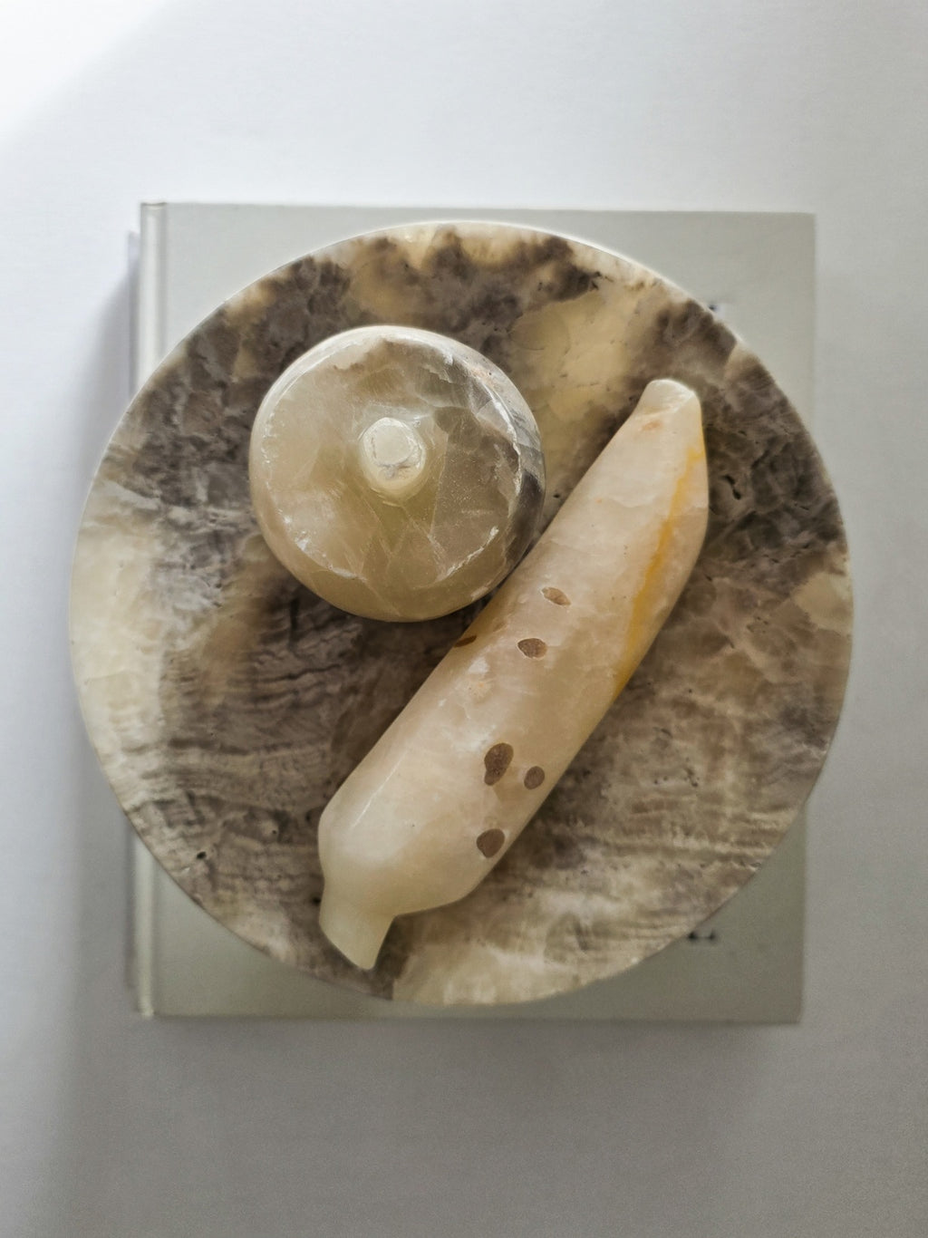Italian Alabaster Pedestal Bowl with Alabaster Apple and Banana