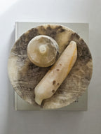 Italian Alabaster Pedestal Bowl with Alabaster Apple and Banana