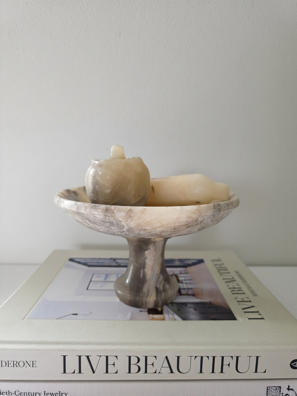 Italian Alabaster Pedestal Bowl with Alabaster Apple and Banana