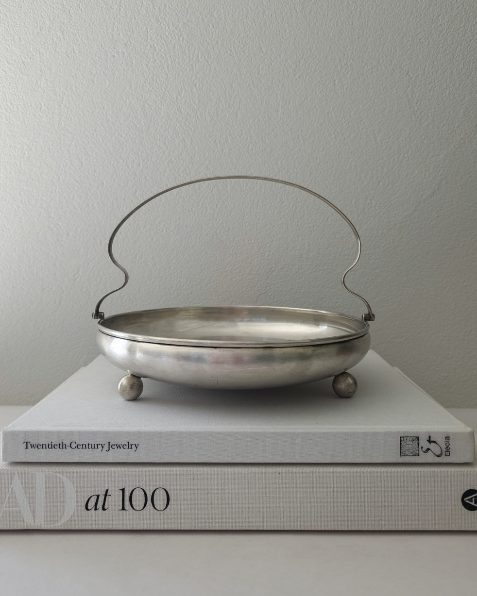 Vintage Silver Plated Basket Dish with Ball Feet & Handle