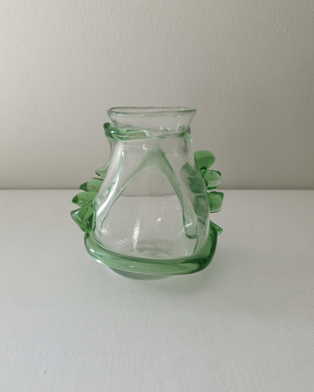 Unique Vintage Glass Vase with Applied Green Glass Details