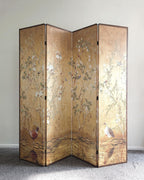 Gorgeous Chinoiserie Botanical and Bird Four Panel Screen