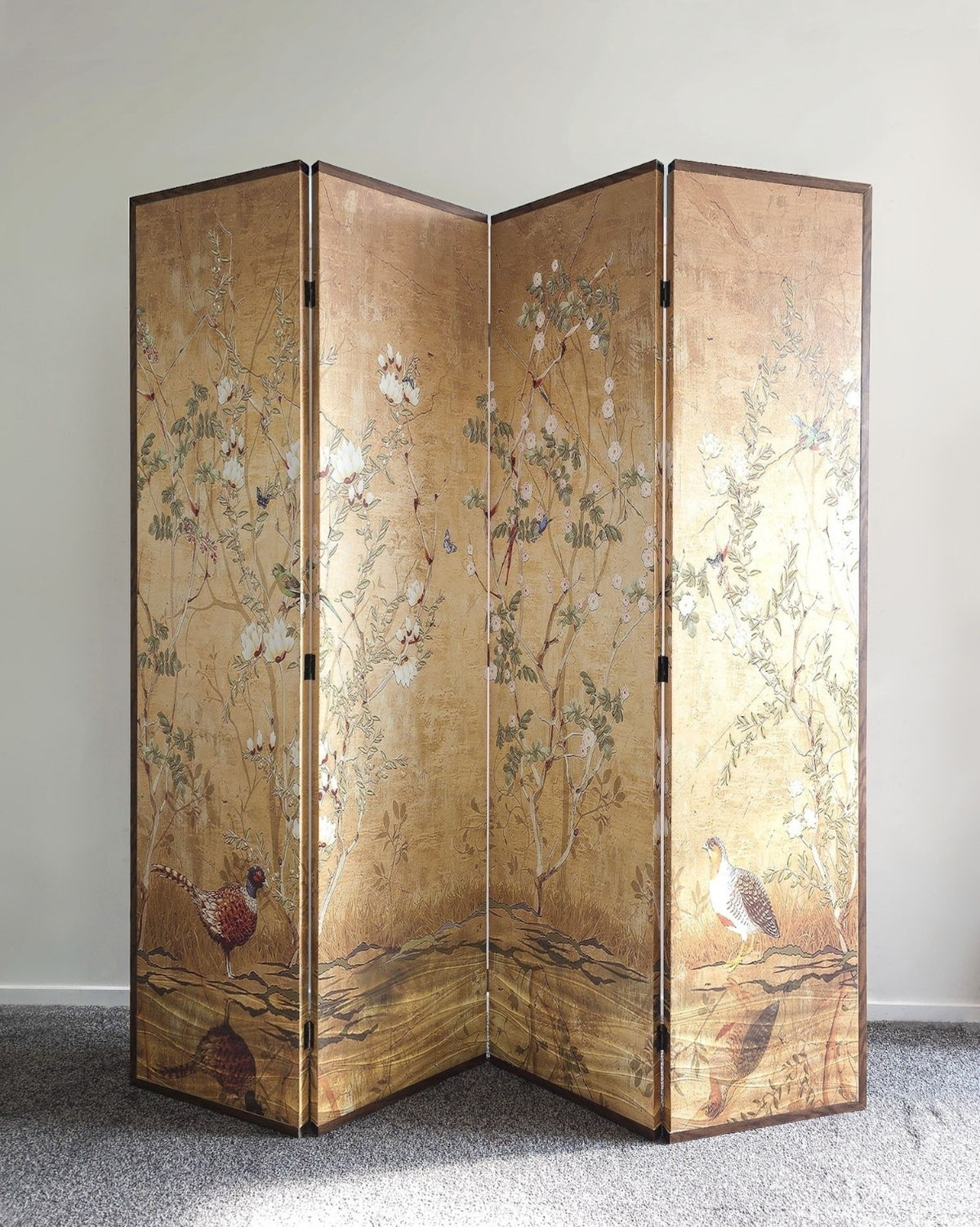 Gorgeous Chinoiserie Botanical and Bird Four Panel Screen