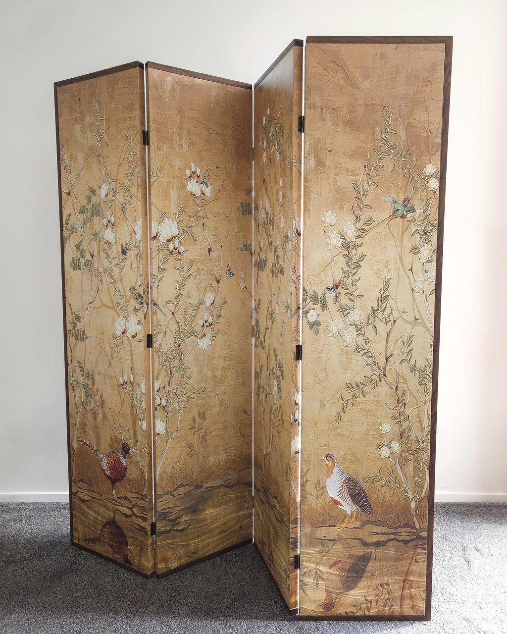 Gorgeous Chinoiserie Botanical and Bird Four Panel Screen