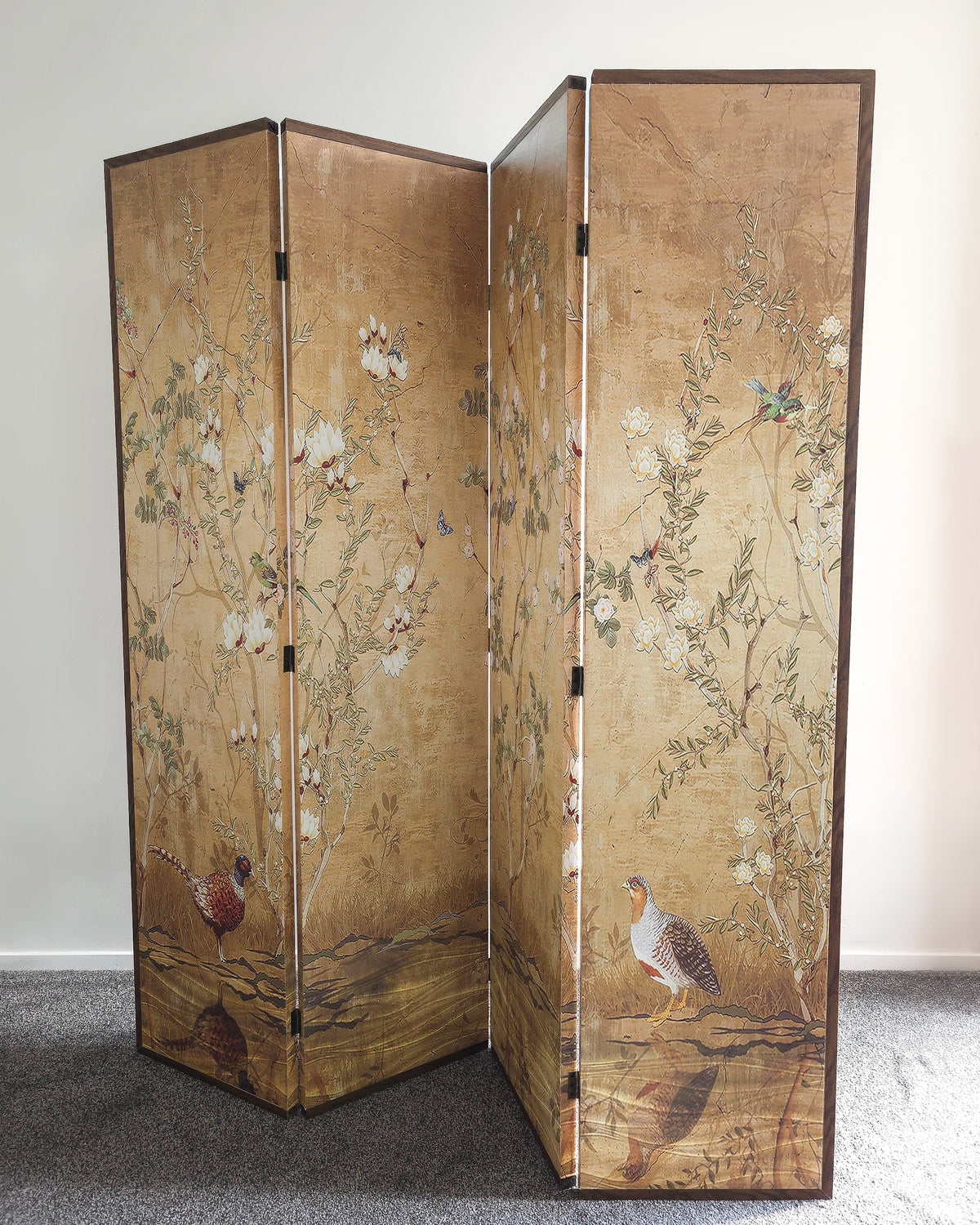 Gorgeous Chinoiserie Botanical and Bird Four Panel Screen
