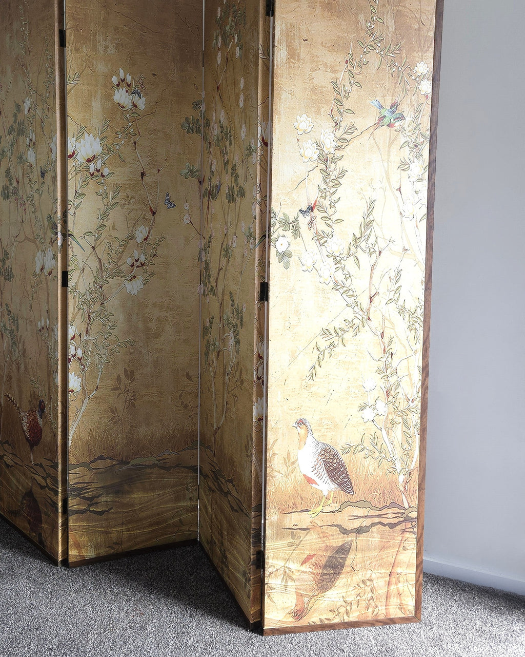Gorgeous Chinoiserie Botanical and Bird Four Panel Screen