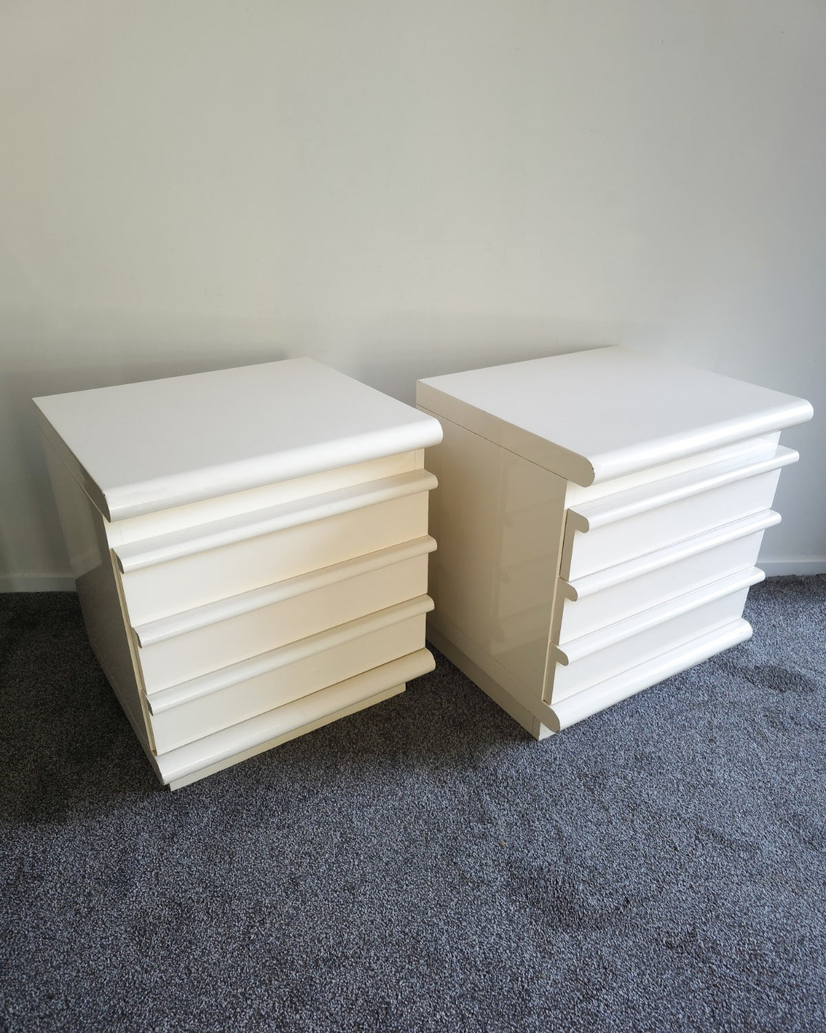 1980s post modern cream lacquer bedsides