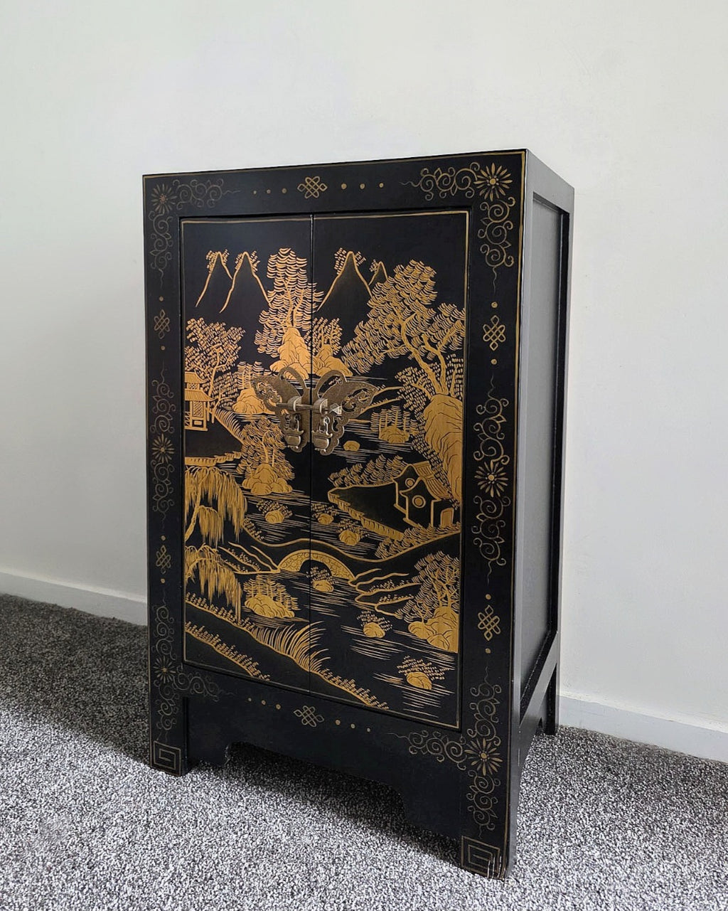 Vintage Black Lacquer & Gold Leaf Cabinet