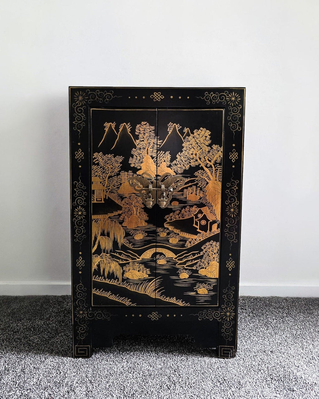 Vintage Black Lacquer & Gold Leaf Cabinet