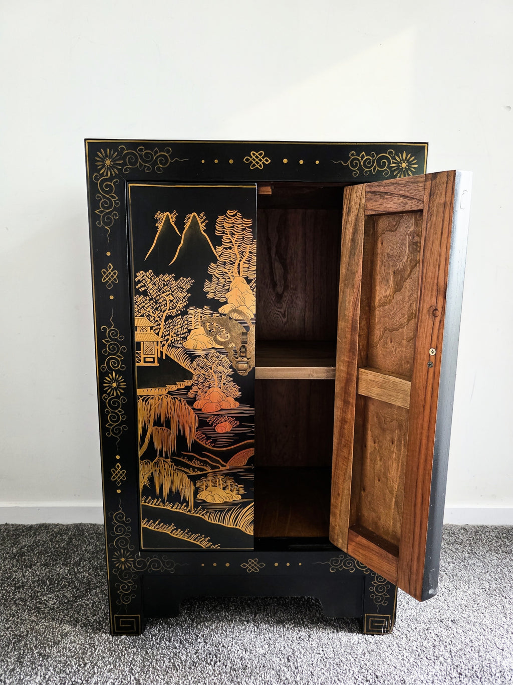 Vintage Black Lacquer & Gold Leaf Cabinet