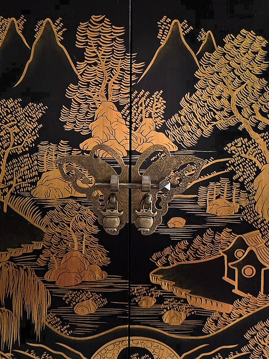 Vintage Black Lacquer & Gold Leaf Cabinet