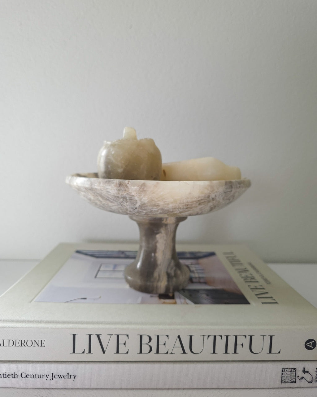 Italian Alabaster Pedestal Bowl with Alabaster Apple and Banana