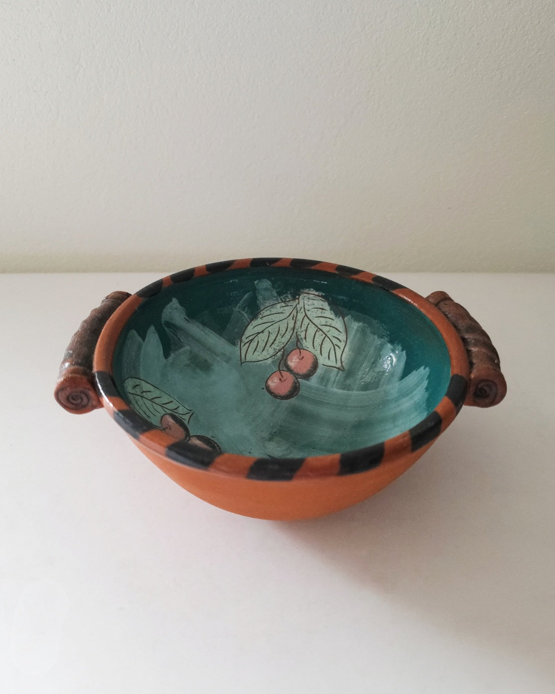 Vintage Italian Bowl With Scrolled Handles and Glazed Painted Interior