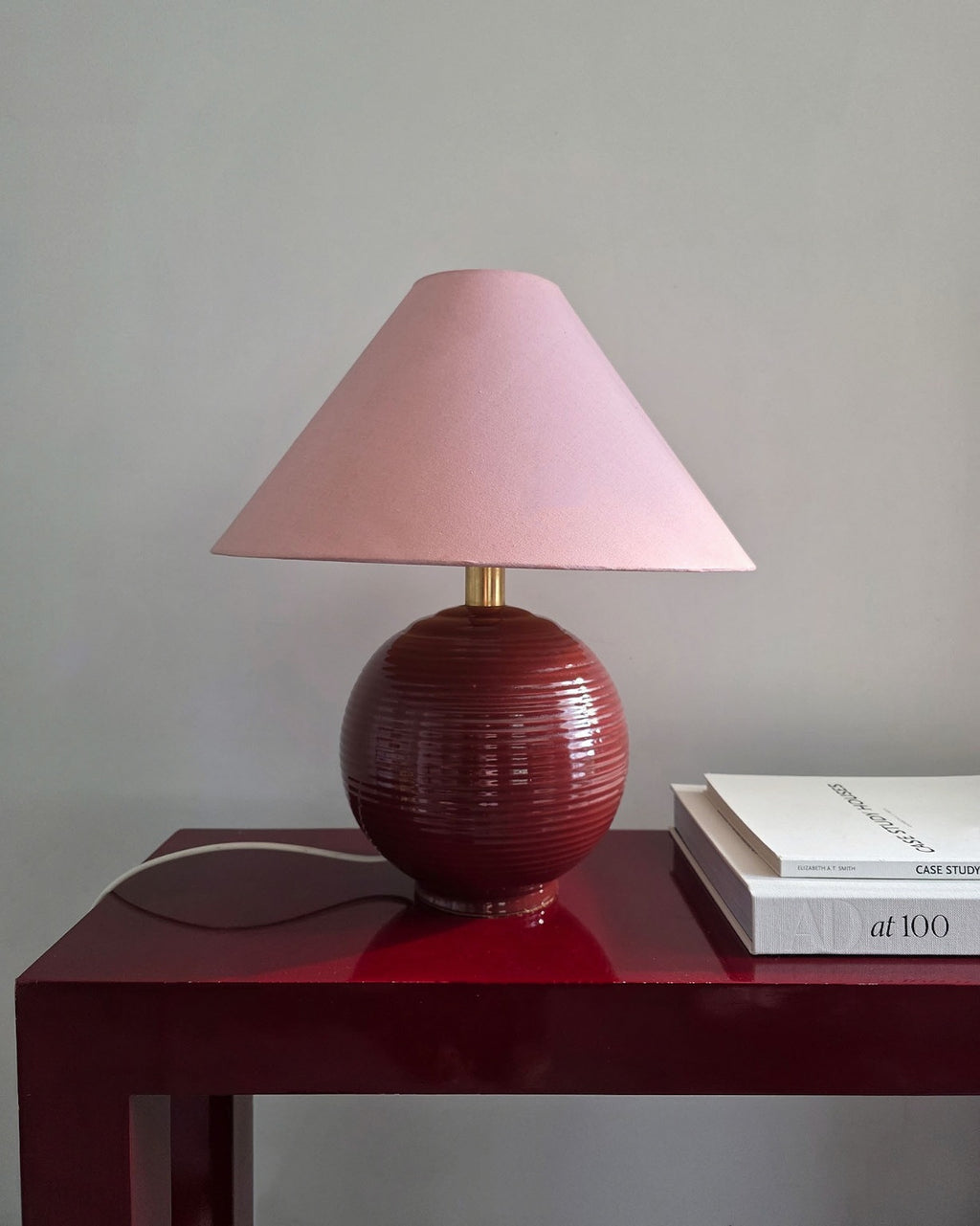Large Vintage Burgundy Ribbed Ceramic Bubble Lamp