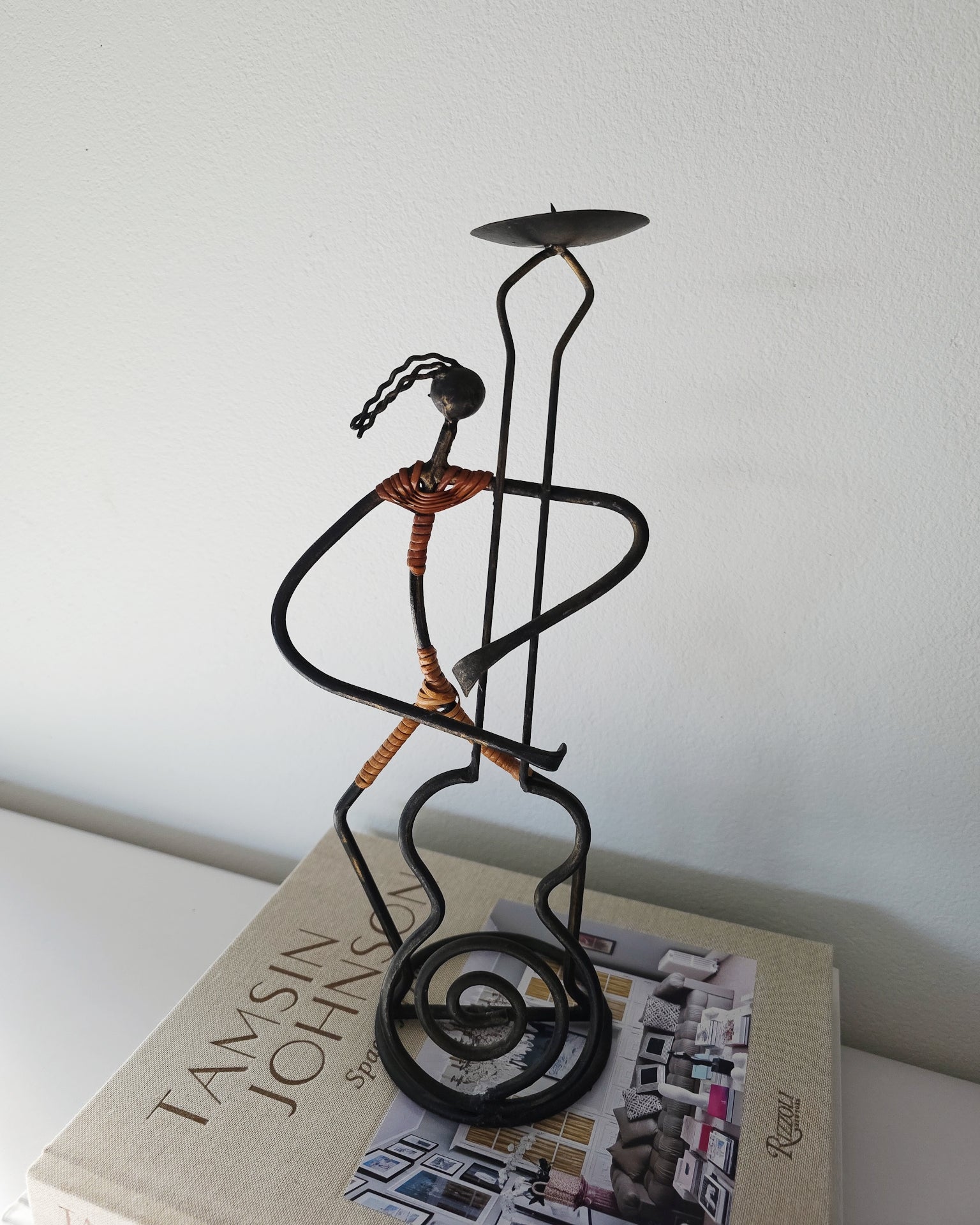 Mid Century Laurids Lønborg Wrought Iron and Rattan Candle Holder