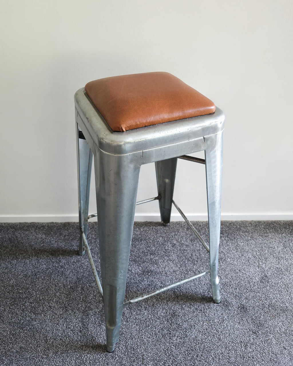 Set of 4 Vintage Galvanised Steel Bar Stools with Tan Leather Seat