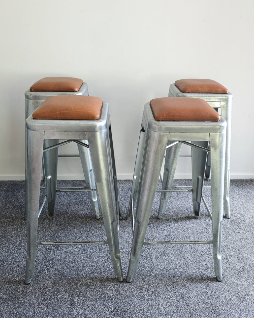Set of 4 Vintage Galvanised Steel Bar Stools with Tan Leather Seat
