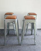 Set of 4 Vintage Galvanised Steel Bar Stools with Tan Leather Seat