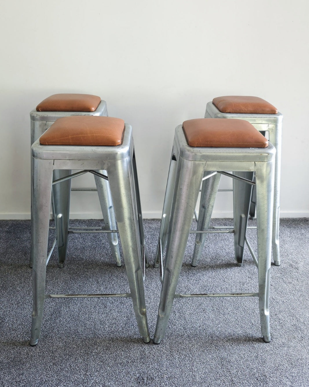 Set of 4 Vintage Galvanised Steel Bar Stools with Tan Leather Seat