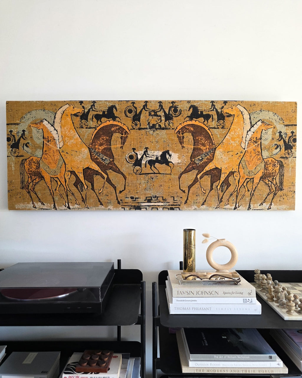 Large Mid Century Etruscan Horses Linen Screen Print by Tibor Reich