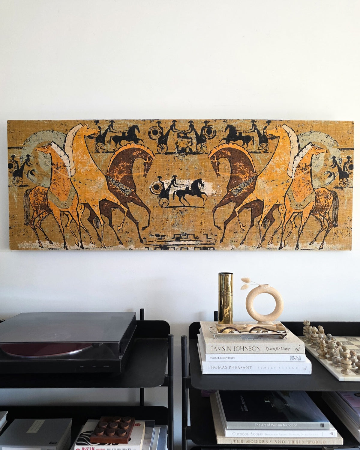 Large Mid Century Etruscan Horses Linen Screen Print by Tibor Reich