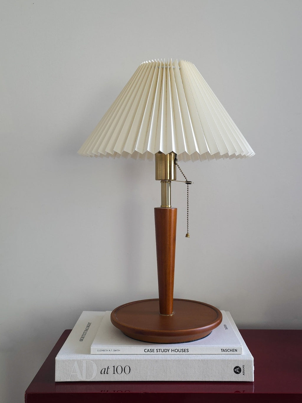 MCM style Wood & Brass Pleated Table Lamp