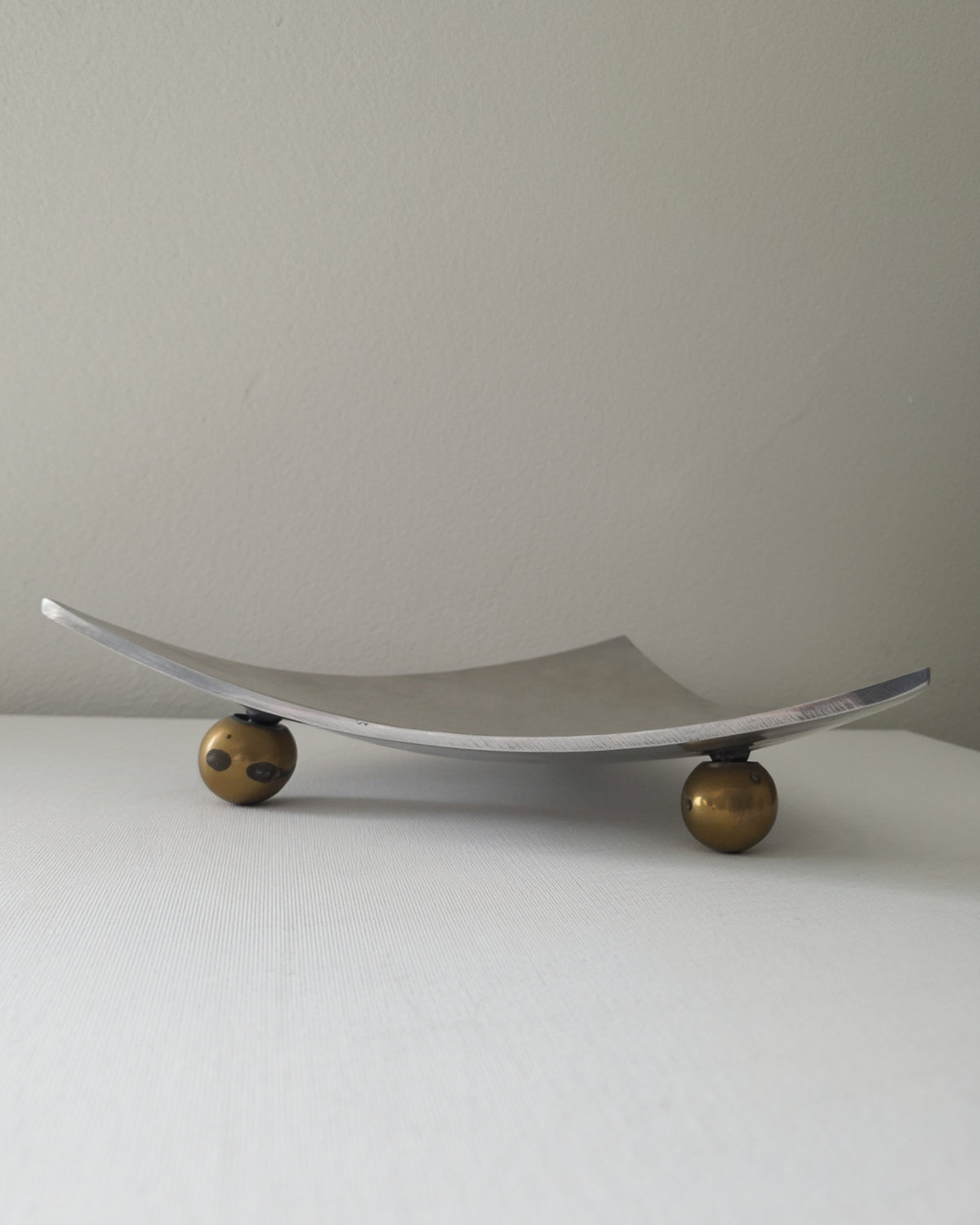 Vintage Parisian Brushed Aluminium Dish with Brass Ball Feet