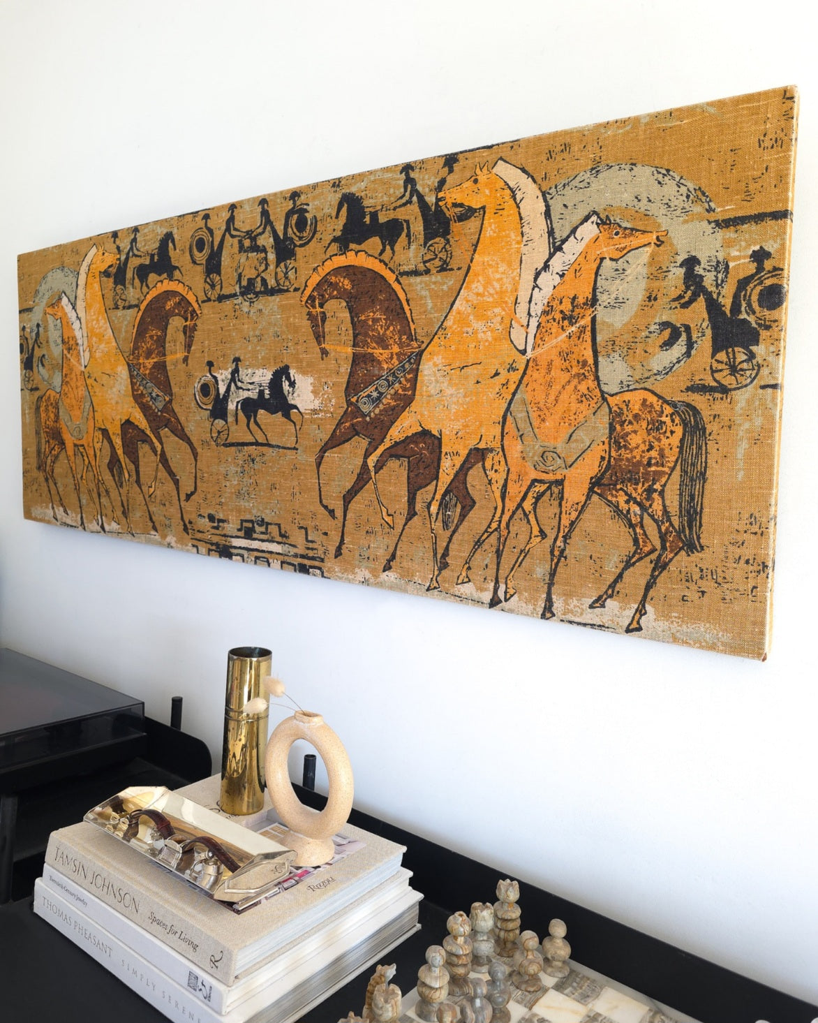 Large Mid Century Etruscan Horses Linen Screen Print by Tibor Reich