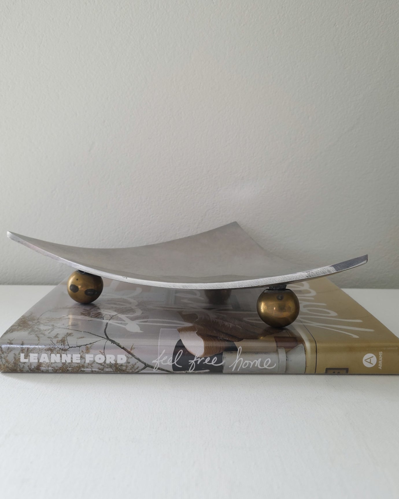 Vintage Parisian Brushed Aluminium Dish with Brass Ball Feet