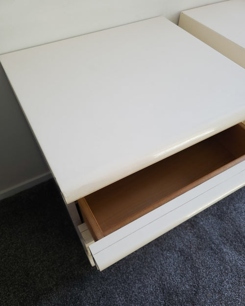 1980s post modern cream lacquer bedsides