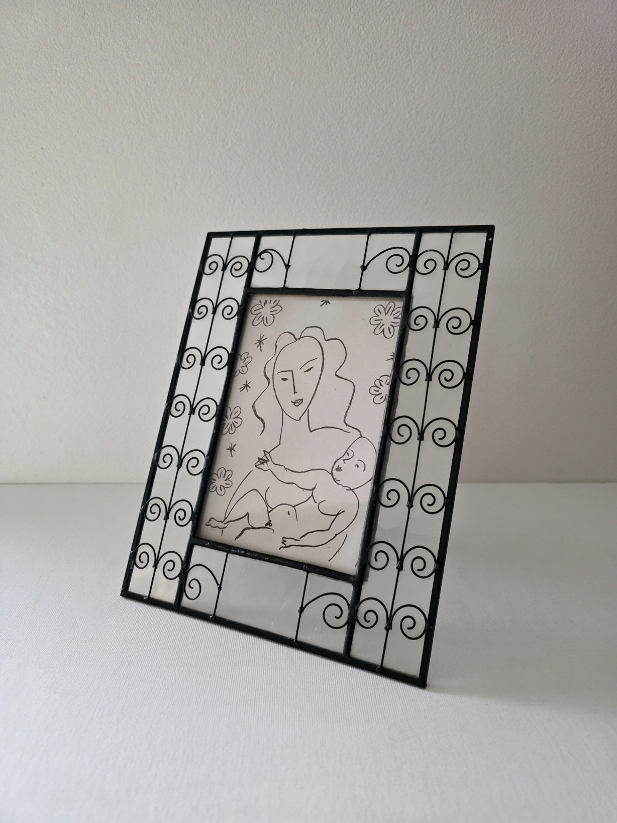 Unique Mottled Glass and Metal Scroll Frame