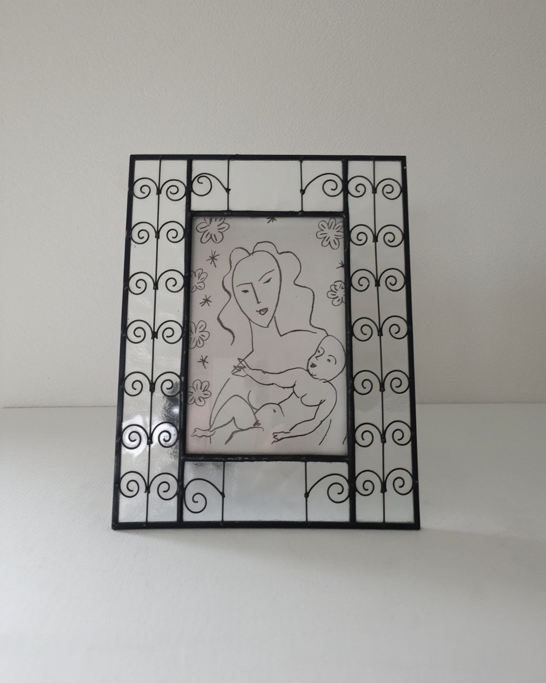 Unique Mottled Glass and Metal Scroll Frame