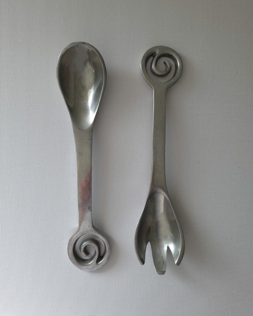 Vintage Polished Aluminium Spiral Handle Salad Servers