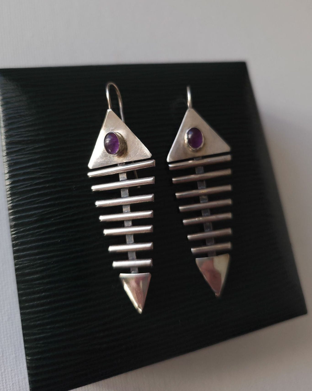 Handmade Sterling Silver & Amethyst Fish Bone Earrings