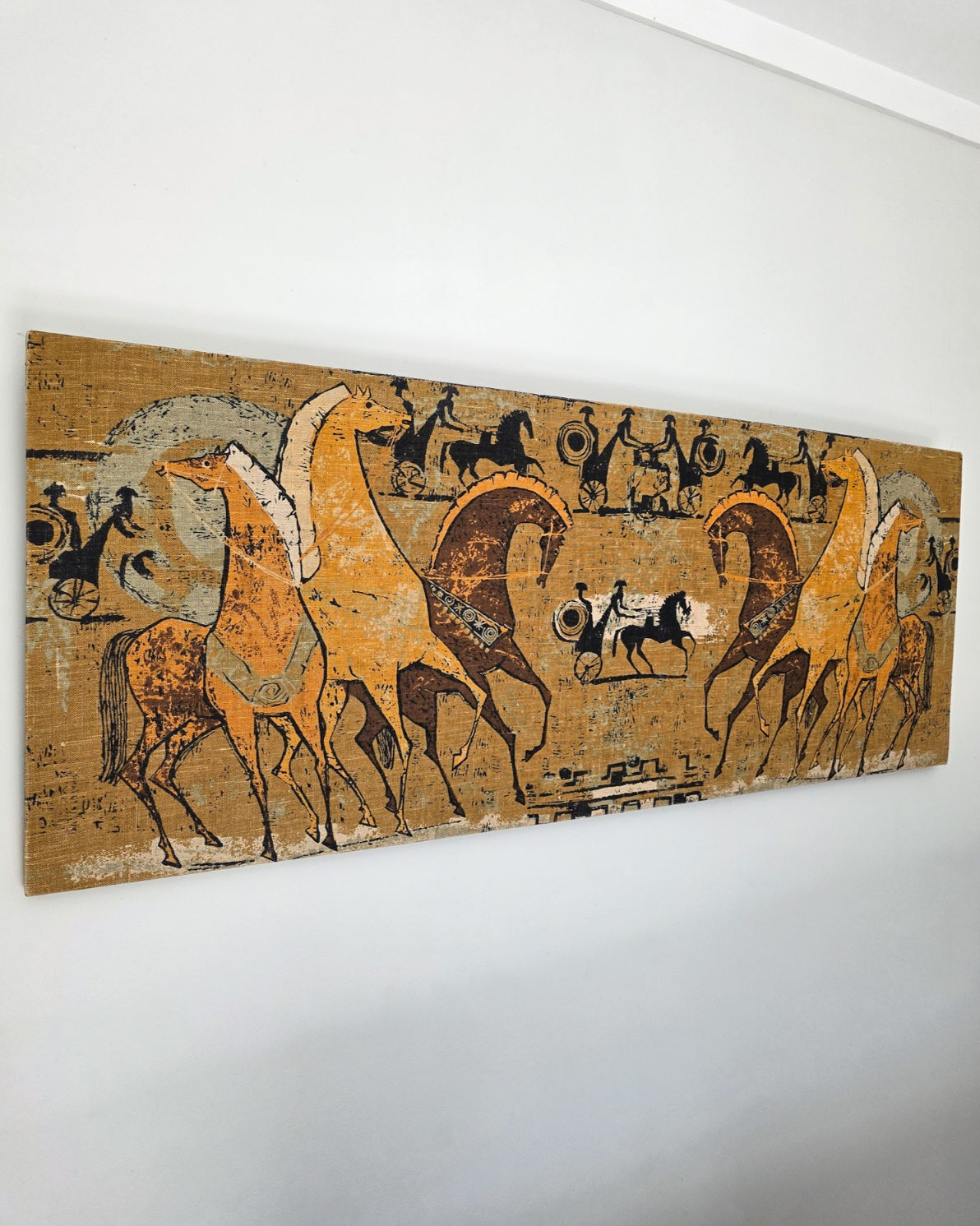 Large Mid Century Etruscan Horses Linen Screen Print by Tibor Reich