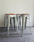 Set of 4 Vintage Galvanised Steel Bar Stools with Tan Leather Seat