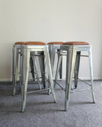 Set of 4 Vintage Galvanised Steel Bar Stools with Tan Leather Seat